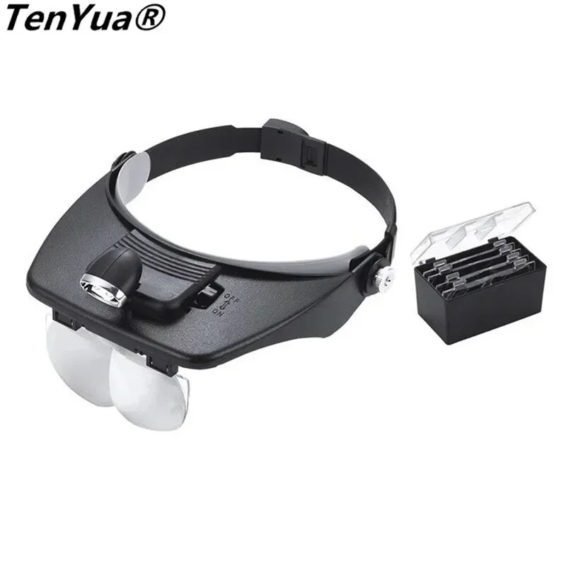 TenYua 1.2X 1.8X 2.5X 3.5X 2LED Head- Mounted Magnifier With 4 Replacement Lenses For Reading Repairing