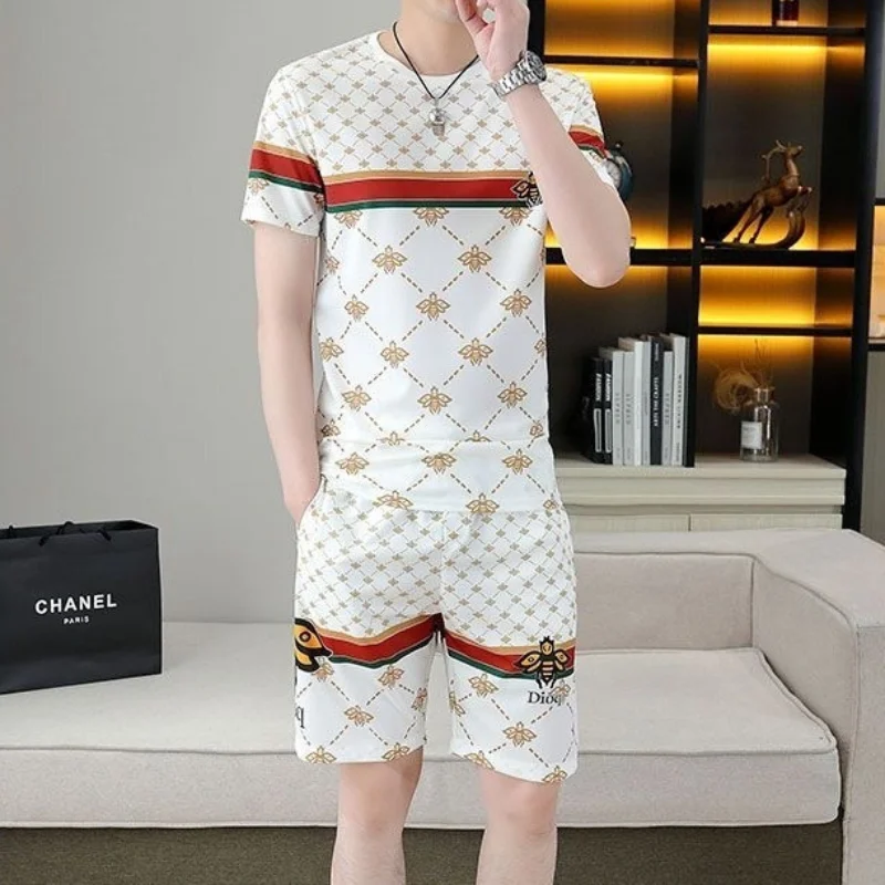 Men's Summer Ice Silk Casual Sports Suit Fashion Trend Printed Round Neck Short Sleeve Top Shorts Comfortable Two-piece Set