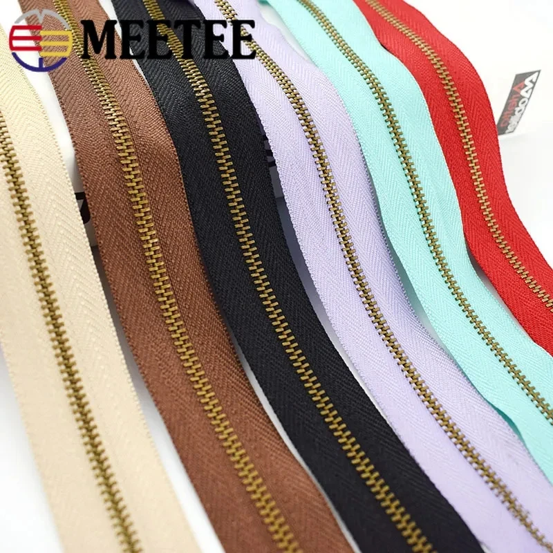 1/2/3/5Yards 3# Metal Zipper Tapes Bronze Gold Teeth Zip Bag Wallet Clothes Jacket Zippers Repair Kit DIY Sewing Accessories