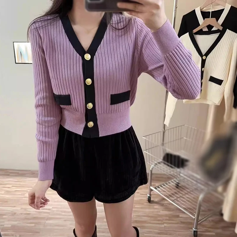 Elegant Knitted Cardigan Autumn Winter Korean-Style V-Neck Color-Matching Gentle Knitted Long-Sleeved Cardigan Coat Button Top