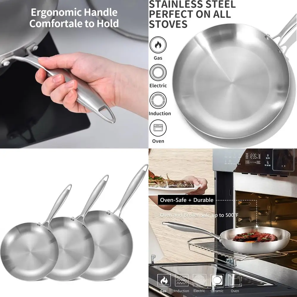 

3-Piece Tri-Ply Stainless Steel Frying Pan Set with Skillets, Induction Compatible, Oven & Dishwasher Safe, Riveted Handles