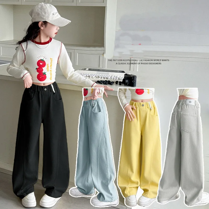 

Широкие джинсы для девочек-подростков, весенне-осенние детские модные джинсовые брюки в западном стиле, детские прямые свободные брюки