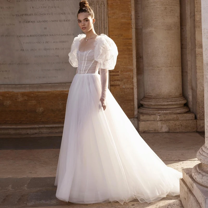 

Eightre Elegant Boho Wedding Dresses 2023 Puff Sleeve Bride Dress Tulle A-Line Corset Back Wedding Evening Prom Gowns Plus Size