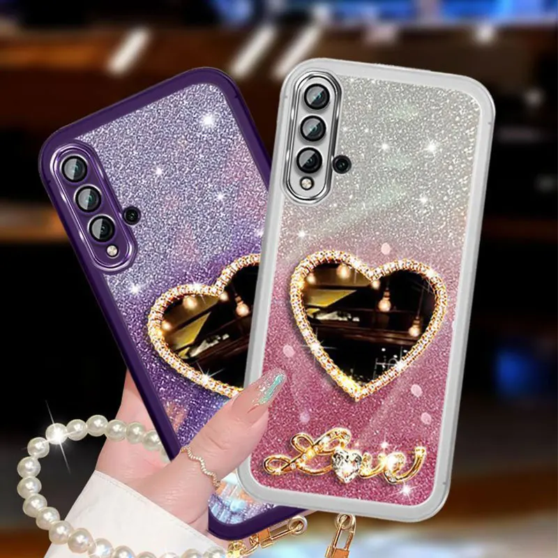 Honor20 Luxury Pearl Bracelet Case For Huawei Nova 5T 10 11 Y90 Y91 Honor 20 Pro 8x 9x Mirror Cover Shiny Glitter Case Nova5T