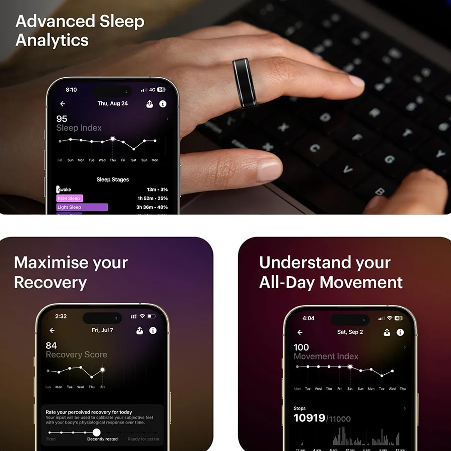 جهاز تتبع اللياقة البدنية الذكي، تتبع النوم، يمكن ارتداؤه، شاشة دقيقة، عداد الخطى، درجة الحرارة، تطبيق iOS وAndroid، أسود