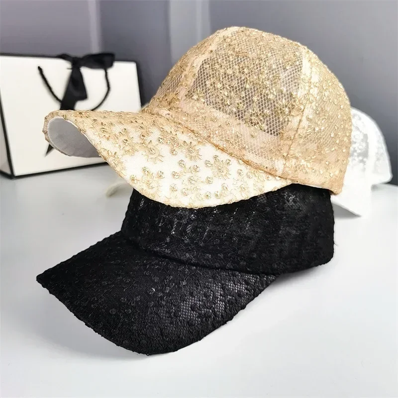 Topi bisbol payet renda tipis wanita, topi Snapback wanita payet renda tipis Serba Guna, topi bebek bersirkulasi udara, Jala, nyaman