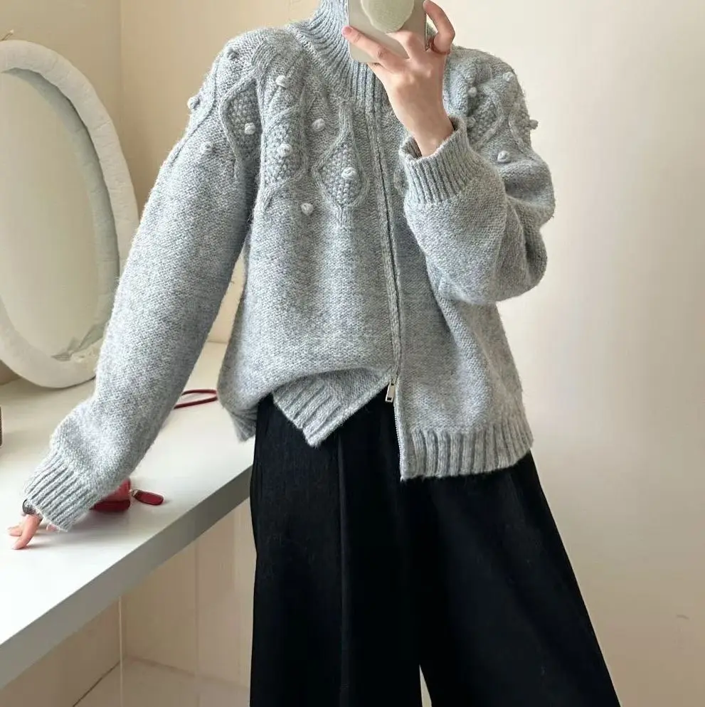 

New Autumn-winter Style Twisted-hemmed Retro Double-zippered High-neck Knitted Cardigan