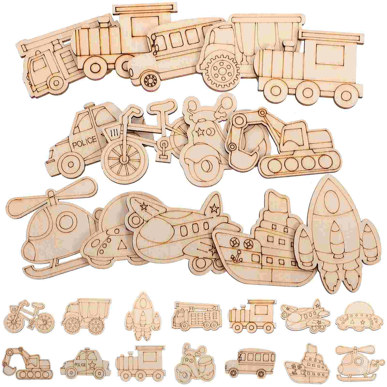 50 Pcs Paper Cut Aircraft Wood Chips Man Cartoon Excavator Out Crafts Unfinished Cutouts Creative Wooden