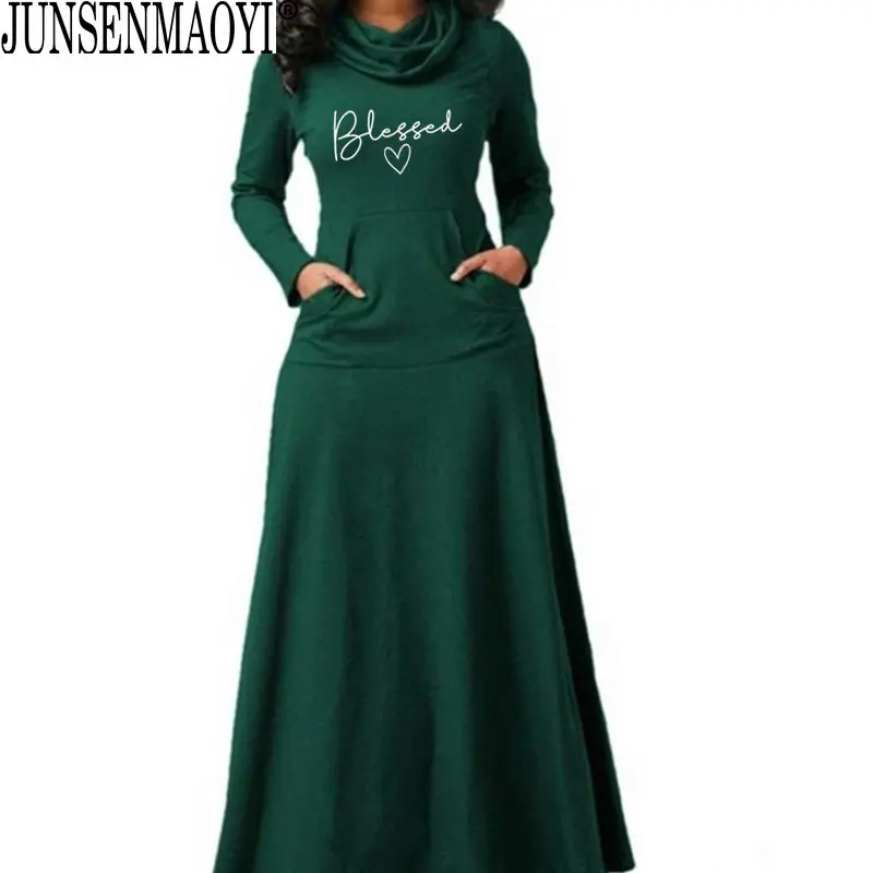 Blessed Letter Print Dress Fashion Women With Pocket Long Sleeve Christian 90s Girl Aesthetic Faith Jesus dresses Long Elegant