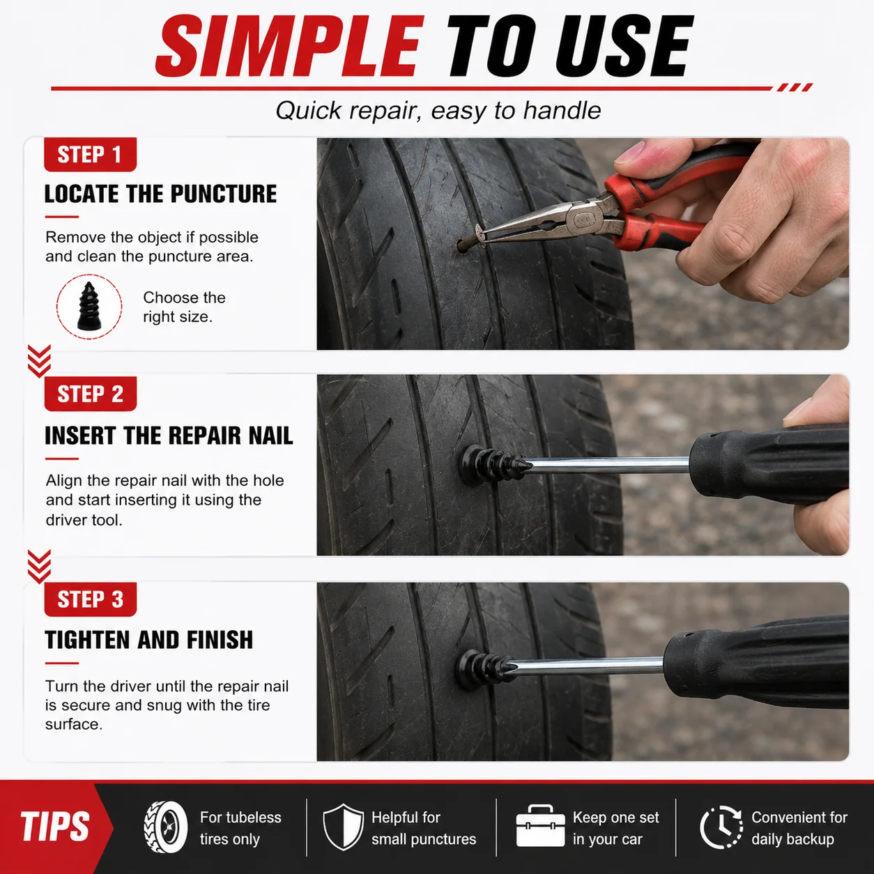 30/60 PCS Mixed‑Size Tubeless Rubber Tire Repair Nails, Practical Emergency Puncture Repair Parts For Motorcycle, Scooter