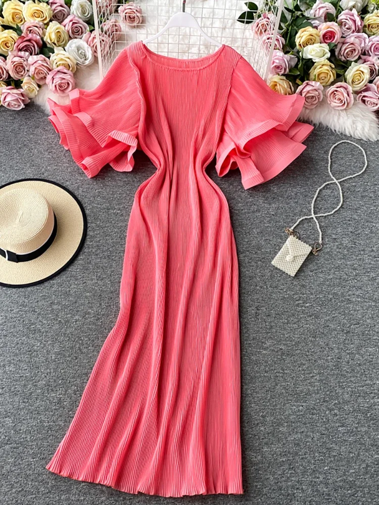 Sweet Memory Round Neck Flare Short Sleeve Pleated Long Dress Vintage High Waist Ruffles Female Vestidos New Fashion Robe