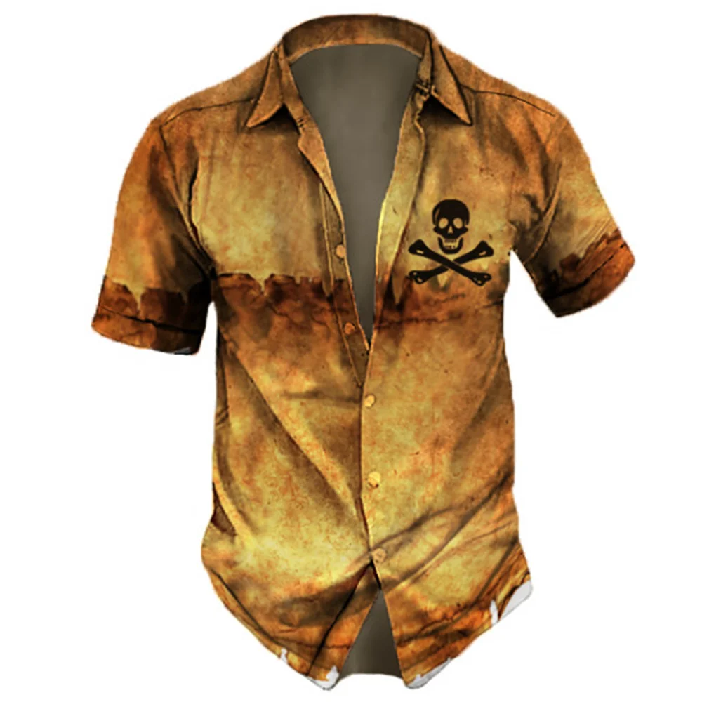Vintage Men\'s Shirt Hip Hop Skull Print Short Sleeve Oversized Top Tees Old Casual Hawaiian Men Clothing Lapel Shirt Streetwear