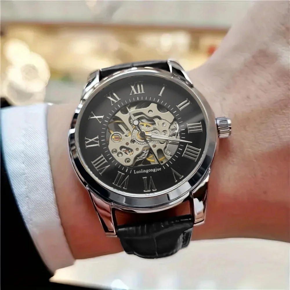 

Elegant Men's Automatic Mechanical Watch with Skeleton Design - Leather Strap, Roman Numeral Dial, Automatic Movement, Perfect for Business and Casual Wear, Ideal Gift for Young Men, Business Casual Men's Watch | Skeleton Watch with Hollow Design | Durabl