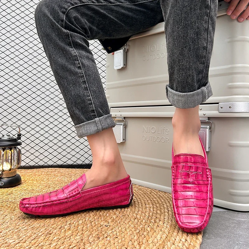 Mocasines de negocios informales de lujo para hombre, zapatos formales de fiesta de noche, color rosa, moda juvenil