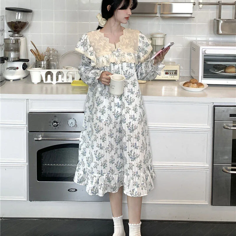 Floral Women Nightgown Ruffles Sleepwear Korean Style Nightwear Autumn Long Sleeve Sleeping One Piece Pajamas Lace Night Dress