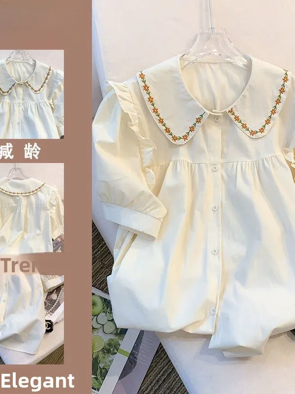 Colar de boneca bordado ort sve feminino irt versátil formal sle verão novo design redução de idade topo na moda