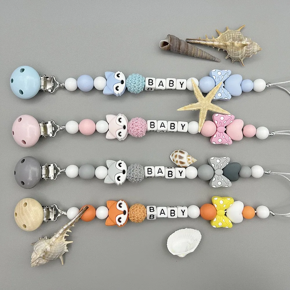 Best GiftsCustom English Acrylic Letter Name Silicone Fox Beads Baby Pacifier Chain Clip Teether Pendants Kawaii Baby Creative