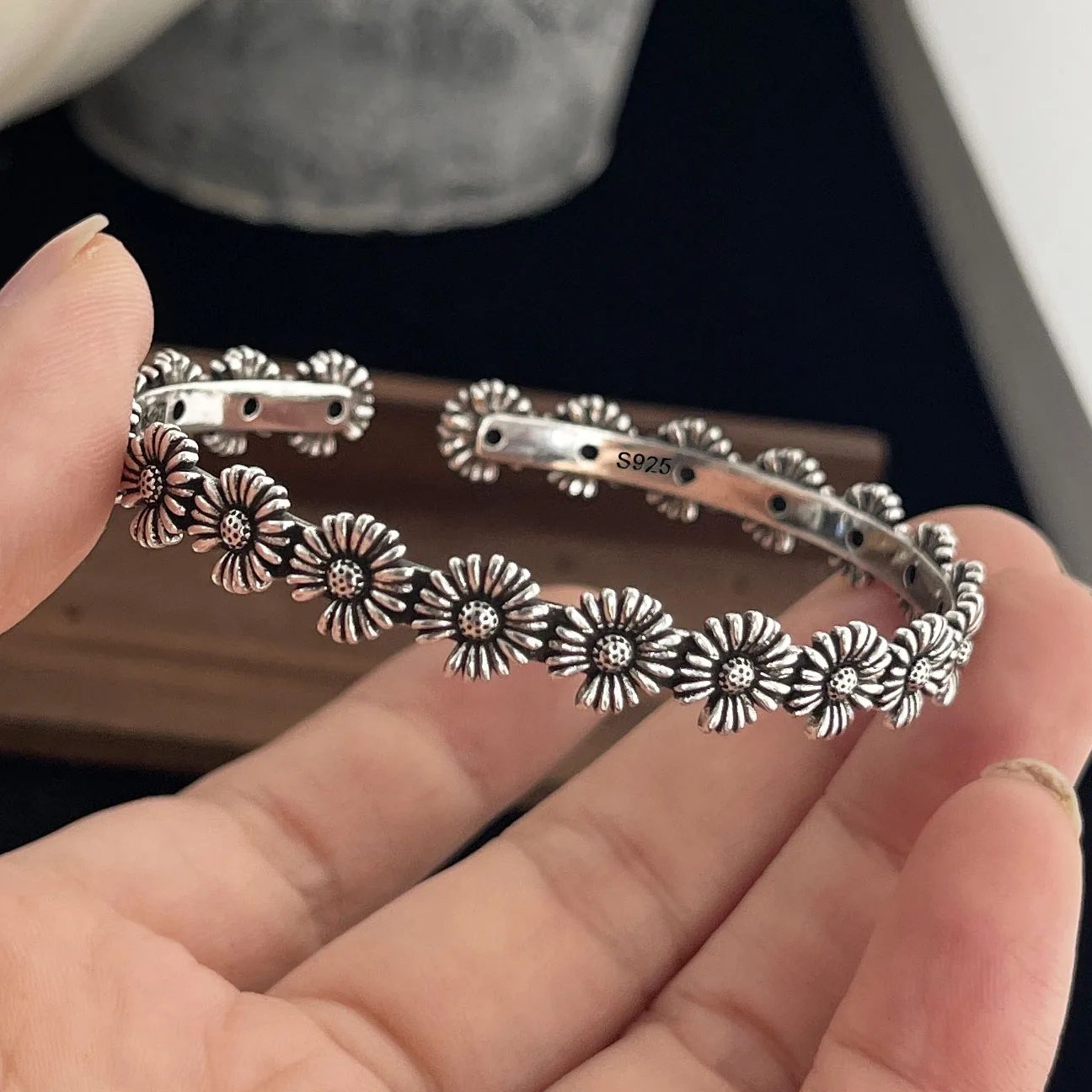 100 % massives 925er-Sterlingsilber-Retro-Armband für Damen und Herren, Vintage-Armband, handgefertigt, Blumenmuster, Geburtstagsgeschenk
