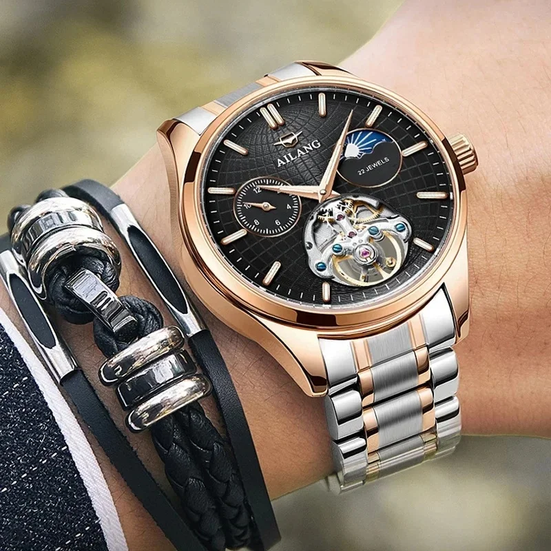 AILANG DQ-8807 Men's Automatic Mechanical Watch, Fashion Sport Wristwatch, Moon Phase & Decorative Tourbillon, 3ATM Waterproof