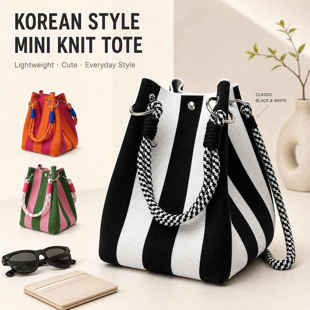 Mini-Strickhandtasche, gestreifte Häkel-Bucket-Bag, geometrische Colorblock-Handgelenktasche für Damen, leichte Sommer-Urlaubstasche – Detail 1