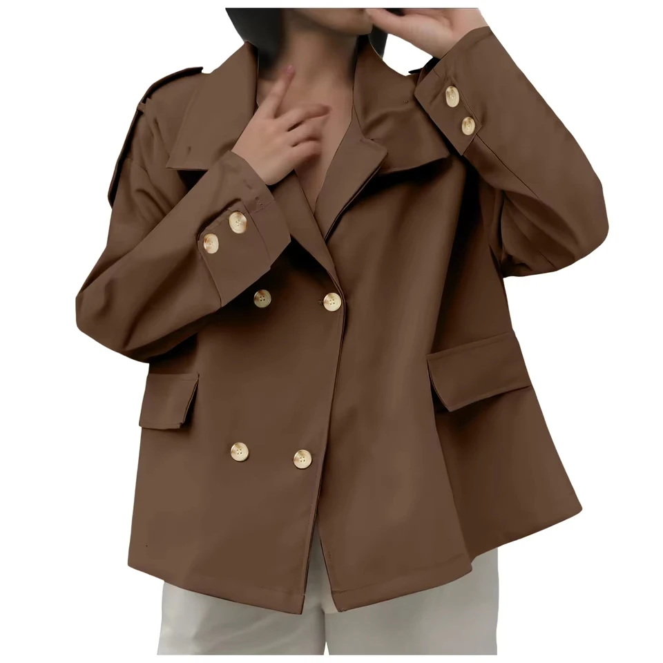Womens Short Trench Coat Oversized Double Breasted Stand Cropped Fall Casual Work Outerwear Going Out Women