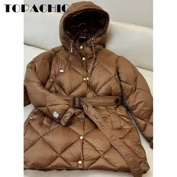 9.5 TOPACHIC-Women Hooded Mid-Length Sashes White Down Outerwear Quilted Argyle Plaid Solid Color Button Down Jacket