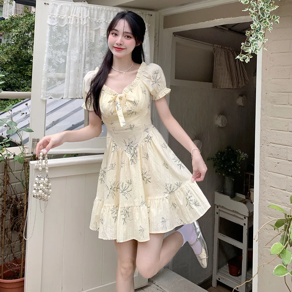 Japan Floral Print Black Retro Dress Korean Vintage Chic Elegant Dress Temperament New Woman Holiday Honeymoon Date Dresses