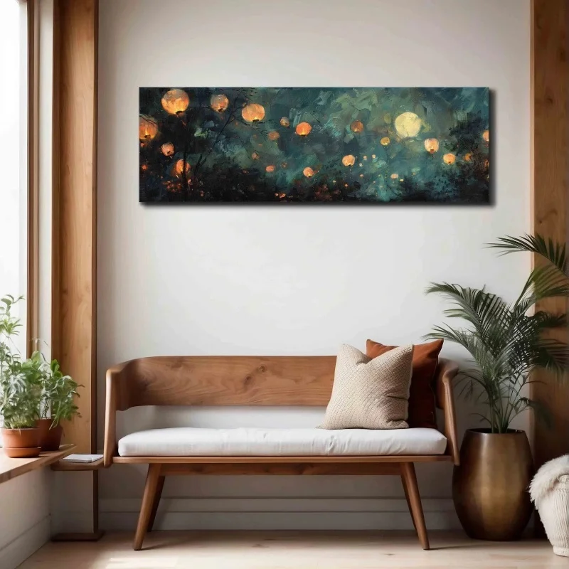 Chinese Lanterns in The Night Sky, Calm Skyscape Wall Art Unframed, Panoramic Moody Wall Art, Painting Print, Above Bed Decor