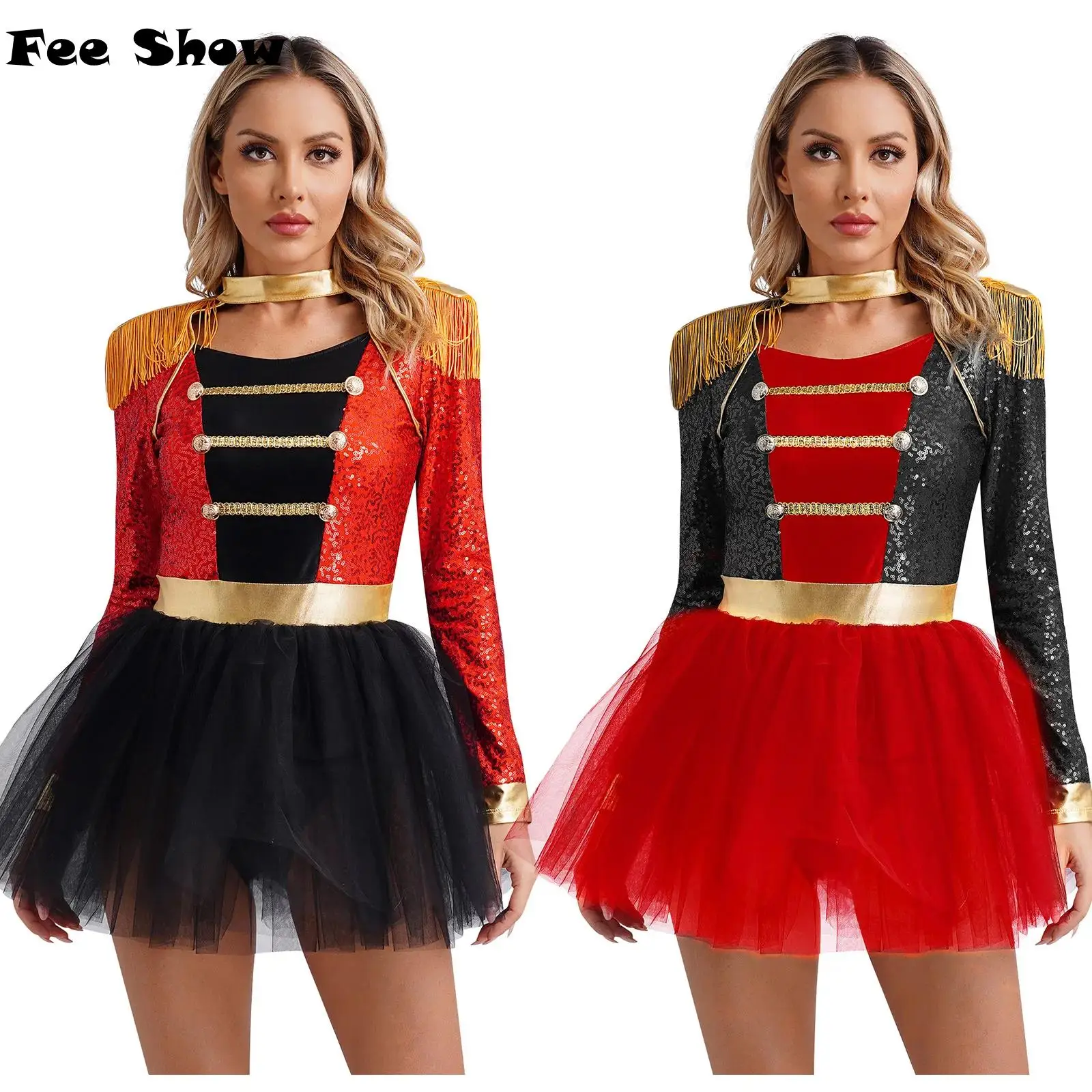 

Womens Circus Ringmaster Cosplay Costumes Long Sleeve Tassel Shoulder Boards Sequins Tutu Tulle Leotard Dress for Halloween