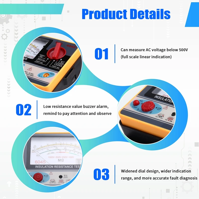 BAAG TY6045 Insulation Resistancer Digital Ohmmeter Handheld Tester Megameter 0-2000MΩ 100V/250V/500V/1000V High Accuracy