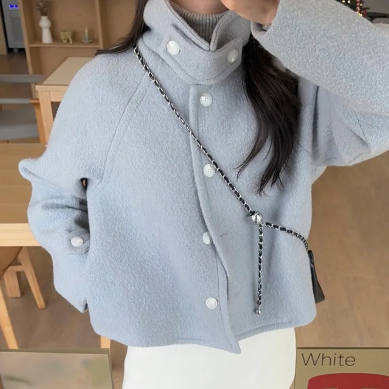 

Chic Autumn Winter ort Cotton Lined Woolen Jaet for Women Vintage Design Warm Inner Quali Faionable Straight Cut Sle