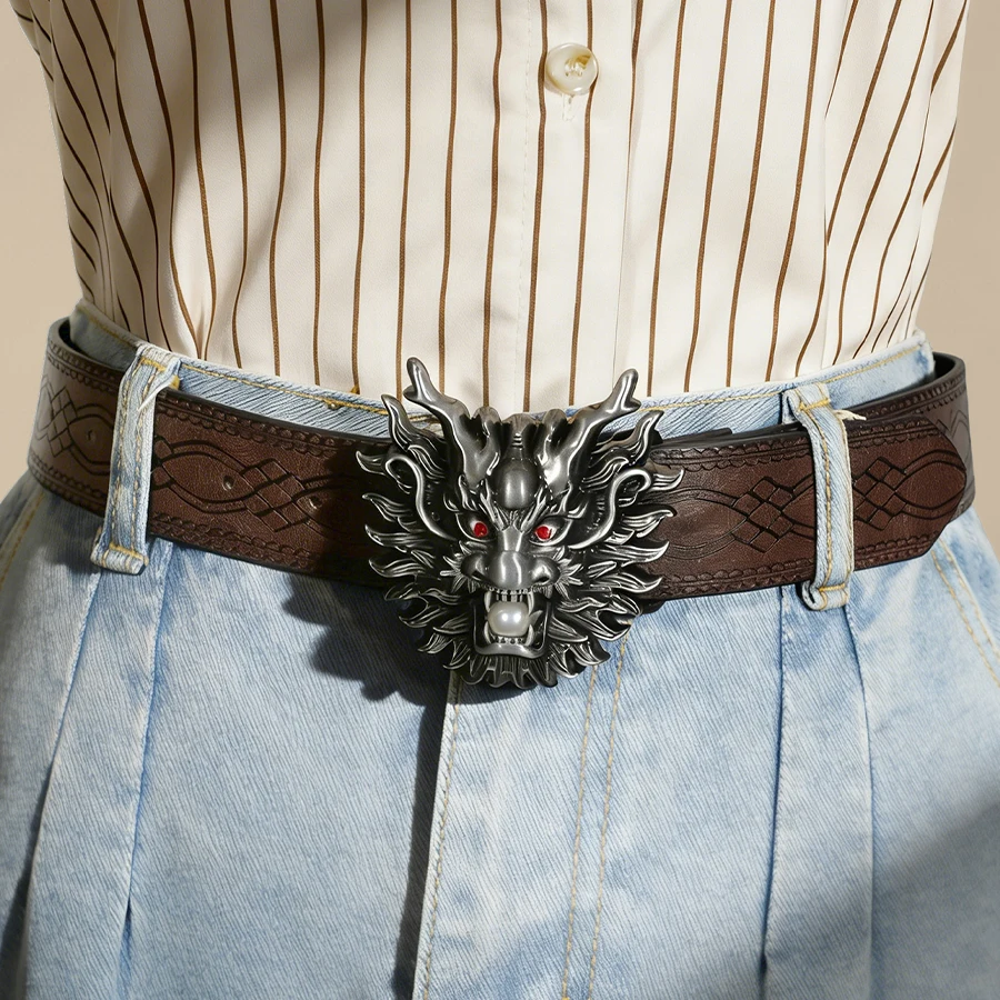 Chinese Dragon Head Buckle Belt Brown Embossed Unisex Vintage Waistband Retro Distressed Decorative Accessory - view 5