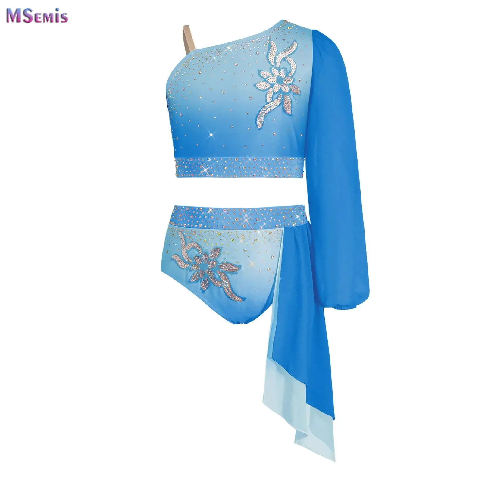 

Kids Girls Lyrical Dance Set Modern Contemporary Costume Rhinestones Crop Top+Skirted Leotard Suit for Rhythmic Gymnastic Ballet