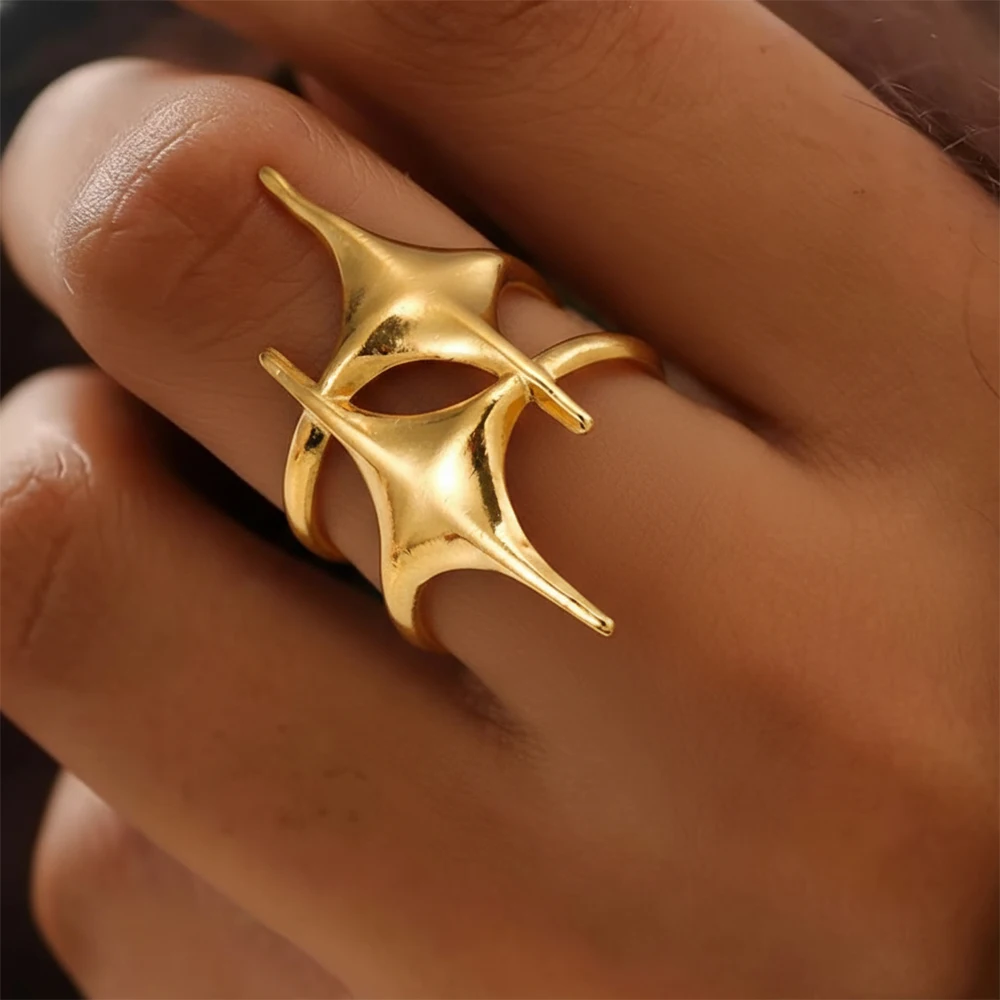 Vintage Gold Plated Star Ring, Waterproof Stainless Steel Abstract Starburst Ring, Party Jewelry