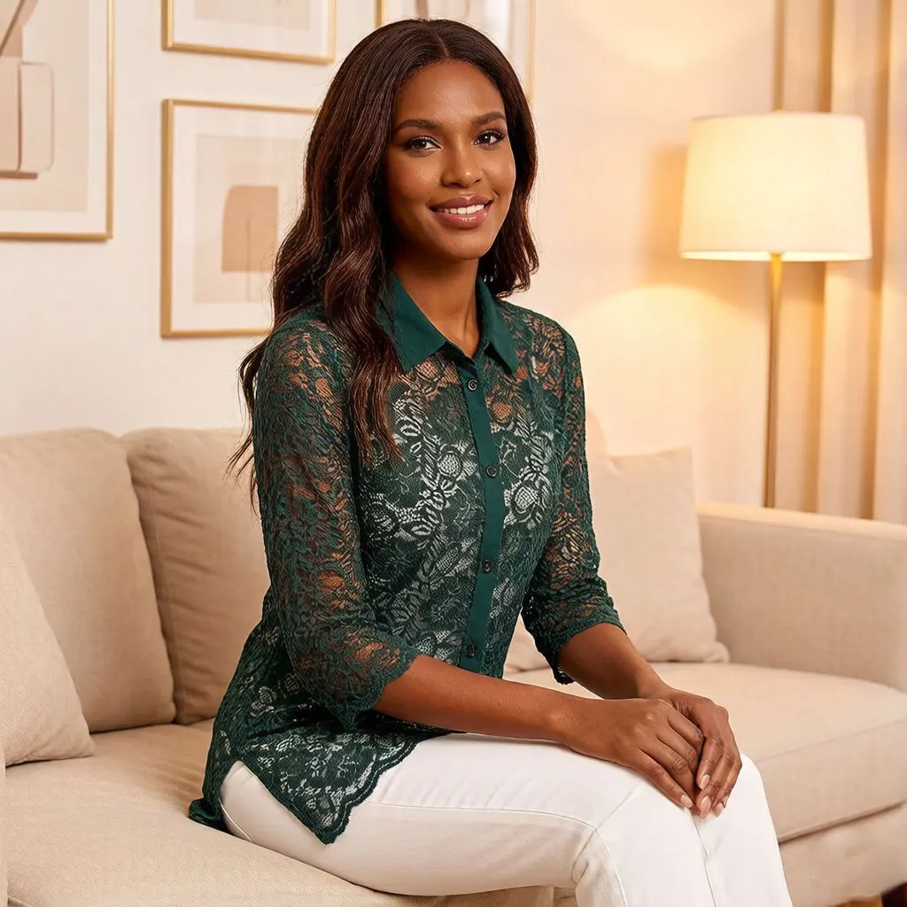 Women Green Lace Shirt Dress Floral Crochet Blouse with Contrast Collar Bell Sleeve Casual Loose Fit Elegant Tunic Top view 5