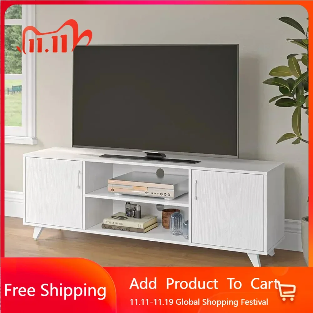 

Living room TV console unit with shelves and 2 storage cabinets for TVs under 70 inches in the living room and bedroom, white