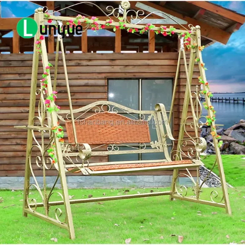 Modern 2 Seater Outdoor Swing Chair Resin Wicker Seat Gold Metal Stand for Terrace Balcony Hotel Park Durable Comfortable