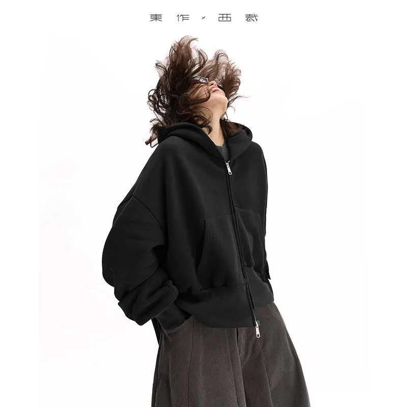 イレギュラー スウェットシャツ ~ ブラック フード付きスウェットシャツ レディース ジャケット、オールコットン、ルーズ、カジュアル、スリム、新しい秋スタイル