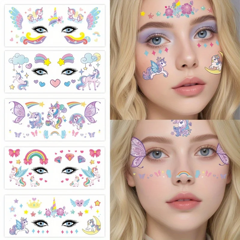 

5pcs Unicorn Temporary Tattoos, Cute Rainbow Face & Body Stickers for Music Festivals/Parties, Birthday Party Favors & Gifts