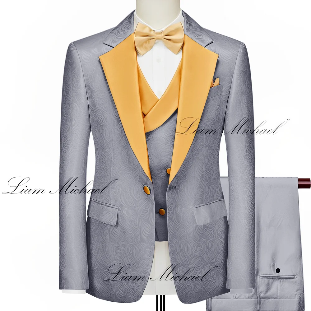 Abito Jacquard da uomo smoking da sposo da sposa Set da 3 pezzi abito da festa formale con colletto dorato Blazer personalizzato di alta qualità da