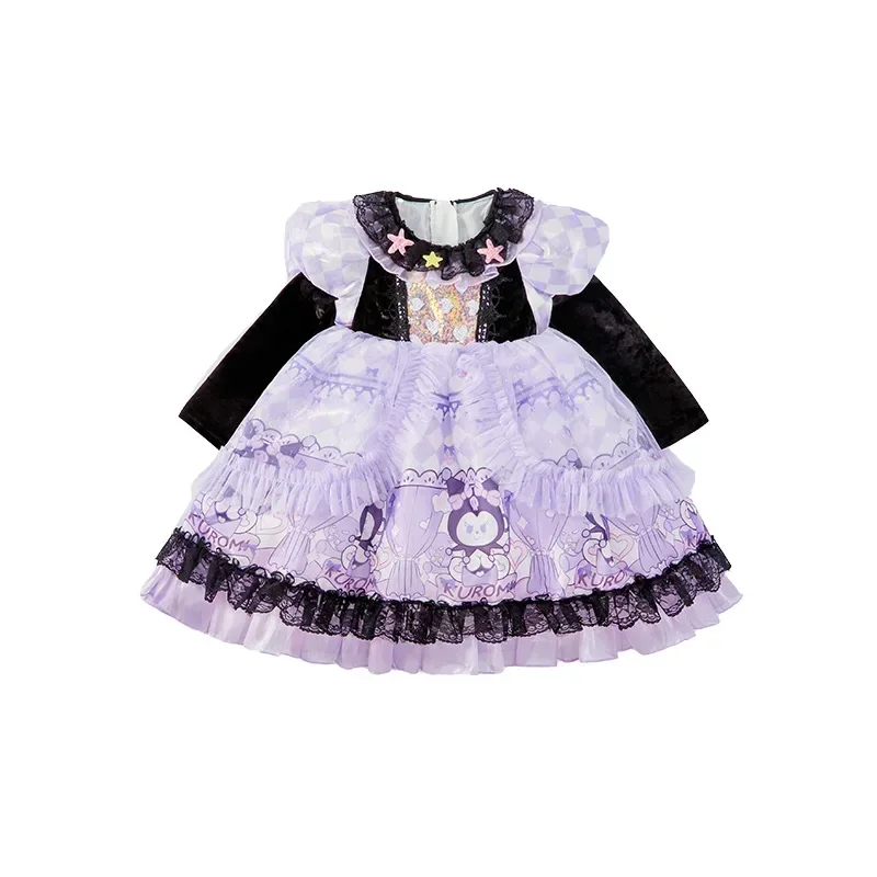 Cute Kuromi Princess Dress Sanrio Anime Autumn Children Cotton Dress Skirt Cgirl Heart Cartoon Long Sleeve Dress Tide Kid Gift