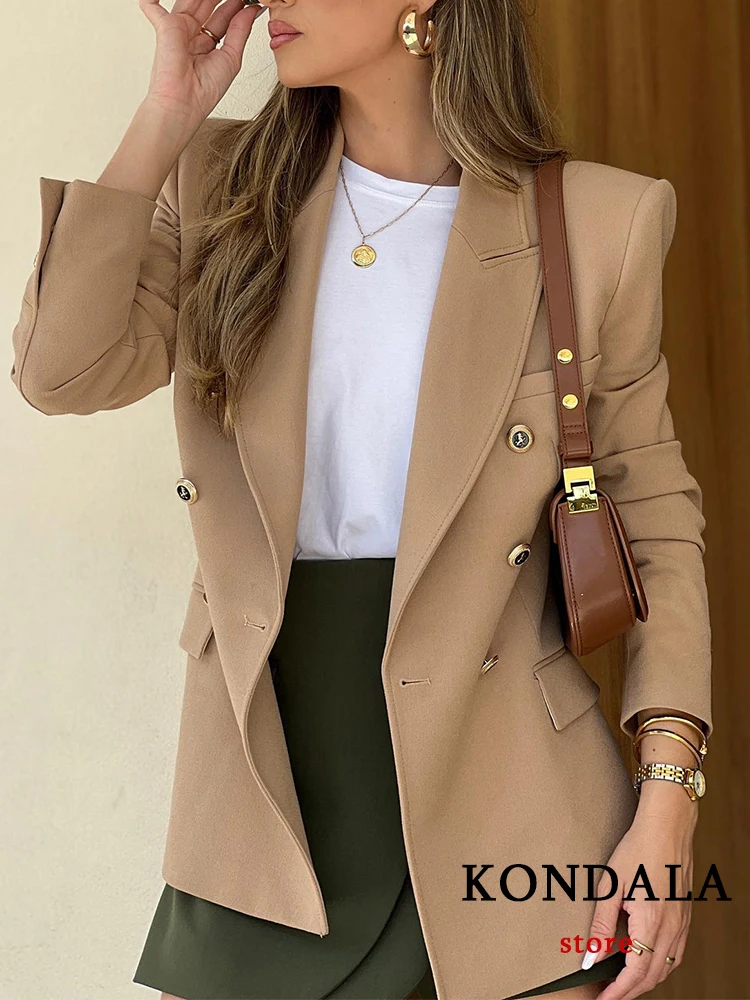 KONDALA Office Lady Solid Blazer Women V Neck Long Sleeve Double Buttons Jackets Fashion 2023 Autumn Winter Oversized Blazers