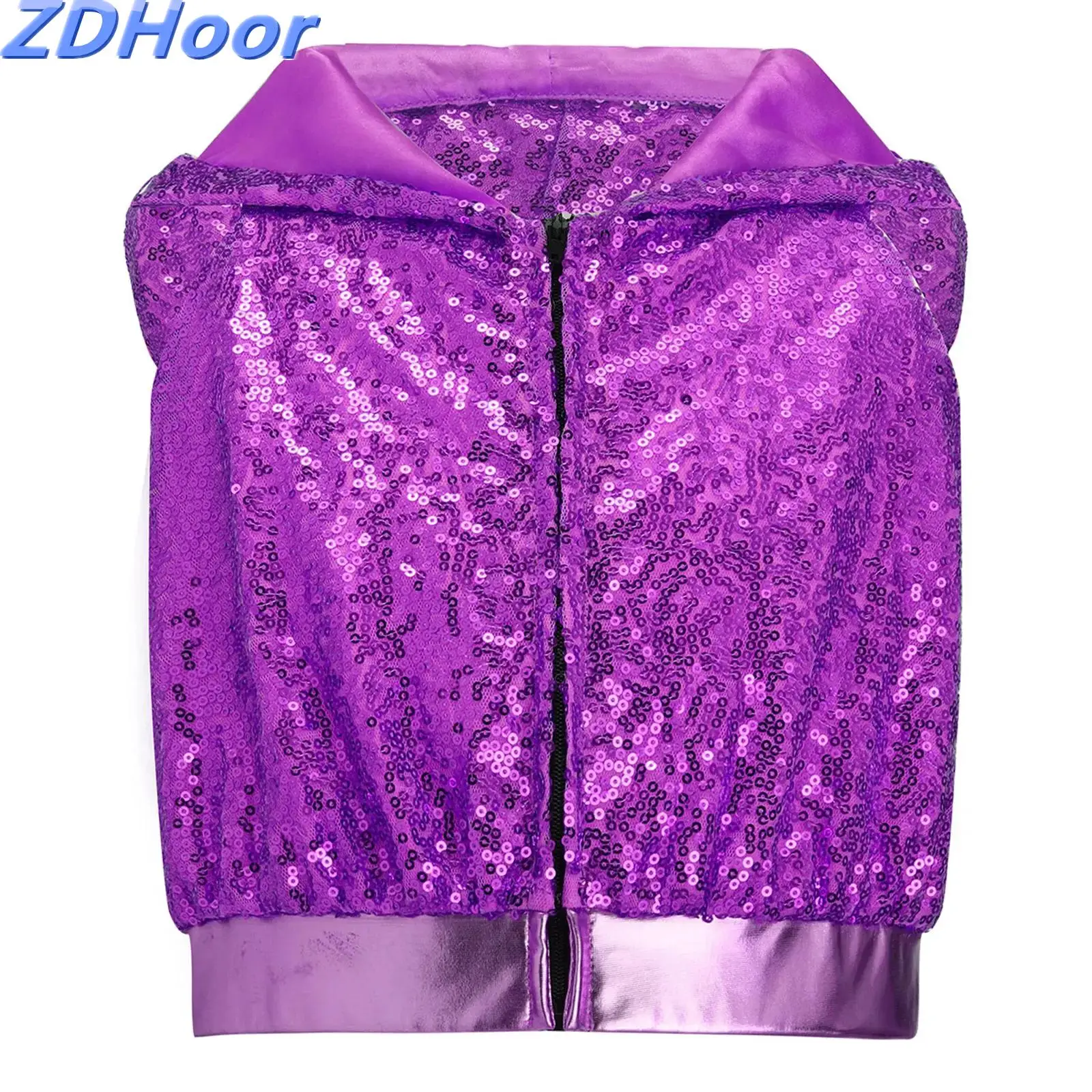 

Kids Girls Sequins Hooded Dance Tops Sleeveless Front Zipper Sparkling Backless Crop Top for Hip-Hop Jazz for Dancewear