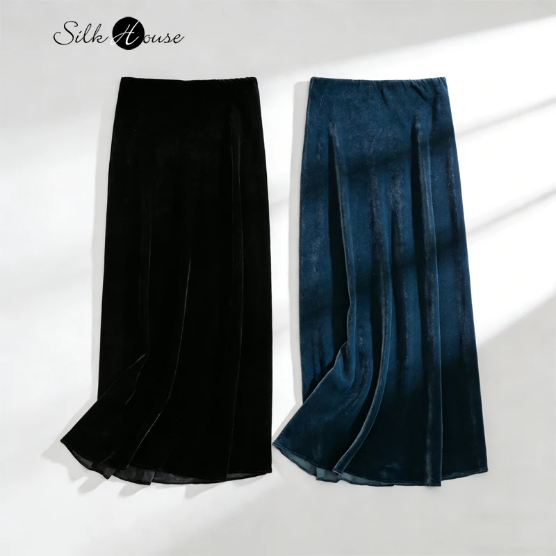 

2026 Весенне-осенняя одежда, 30% натуральный шелковый бархат, диагональный крой, эластичная высокая талия, однотонная юбка с запахом «рыбий хвост»