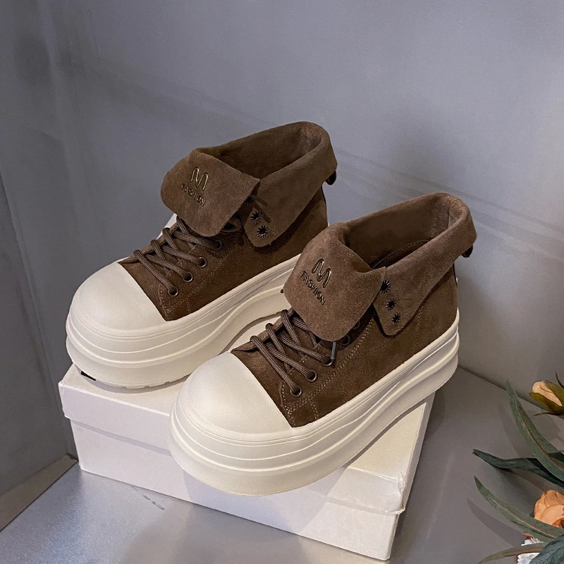 

Flats Platform Women Sneakers Autumn 2025 Lace Up Women's Sports Shoes Casual Walking Thick Suede Ankle Sulfurized Bottom Boots