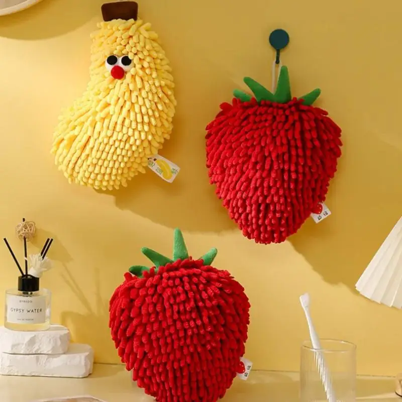 Banana Strawberry Shaped Hanging Hand Towel Chenille Washcloth Soft Absorbent Cloth For Kitchen Bathroom