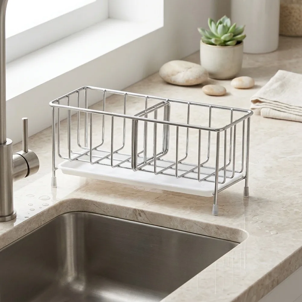 Stainless Steel Sink Sponge Holder With Soap Dispenser, Adjustable Kitchen Organizer For Automatic Drainage And Dry Countertops