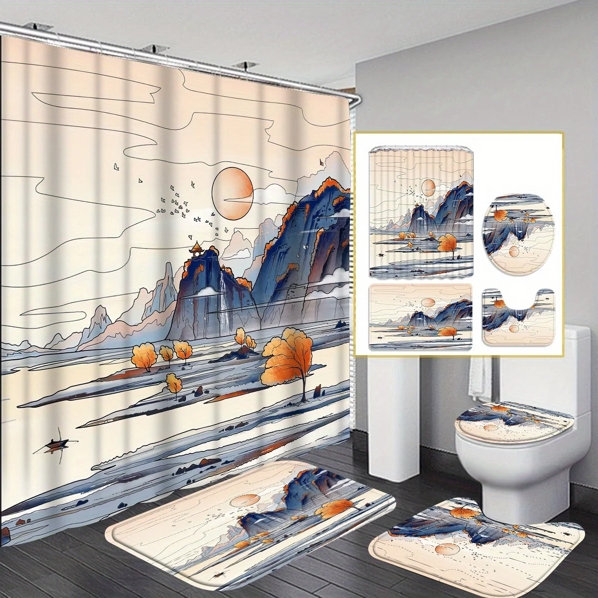 

Sunrise Decorative Shower Curtain Bathroom Set - Machine Washable, with 12 Hooks, including Toilet Seat Cover and Bathtub Mat