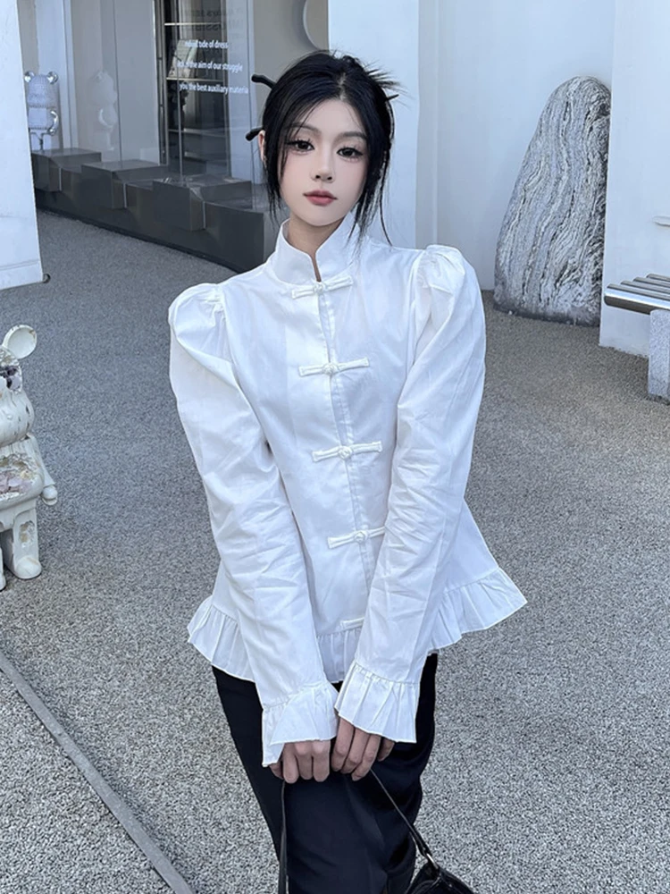 SONNEESD Autumn New Chinese Style Suit Chinese Style Retro Loose Solid Color Full Puff Sleeve Button Ruffled Ancient Shirt