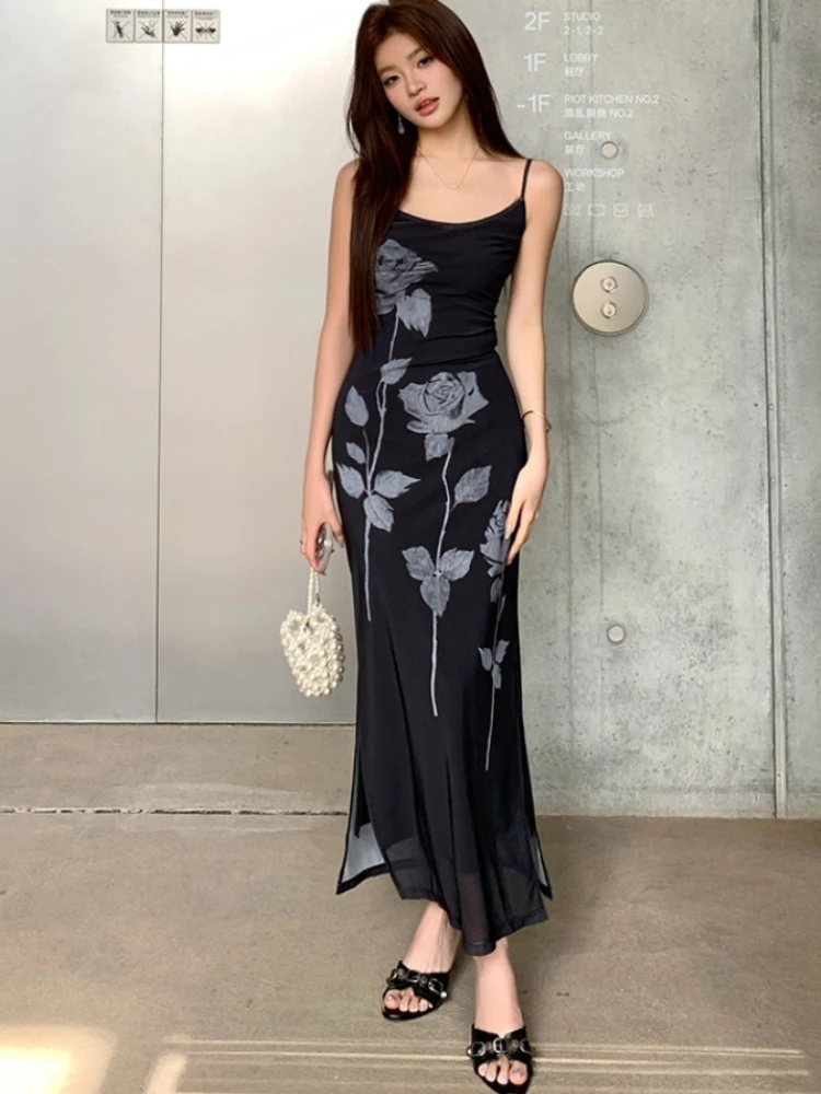 2026 Frühling Sommer Neues Damen-Design Stretch-Mesh Rosen-Print Bodycon Cami-Kleid Koreanischer Stil Bodycon Maxikleider
